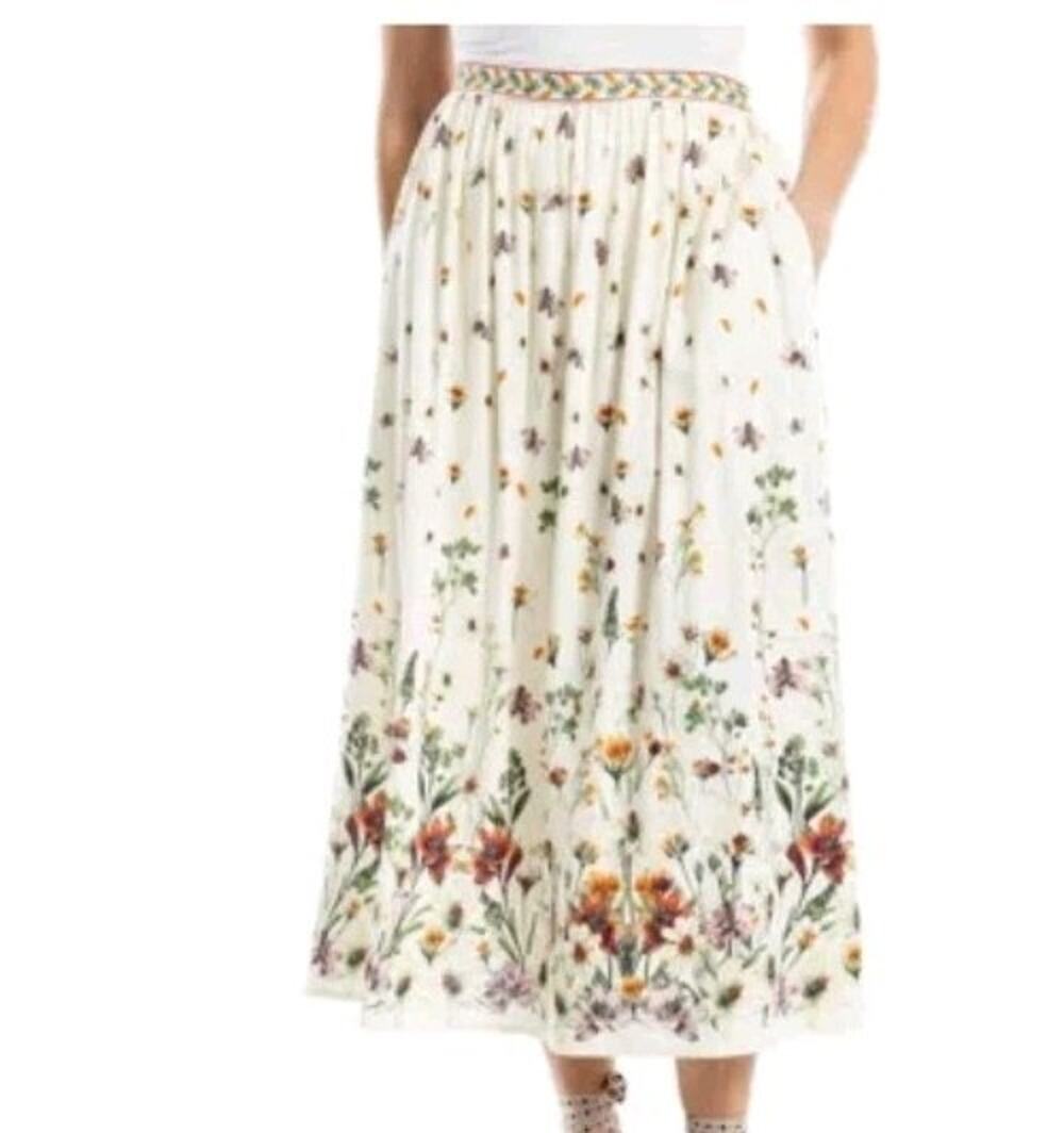 Max Studio Farmhouse Floral Midi Skirt Large Cottagecore NEW MSP $158 Boho Linen